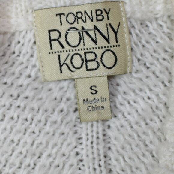Torn by Ronny Kobo Cream Lace-Up Ruffle Cable Knit Sweater Women’s Small - Picture 4 of 6